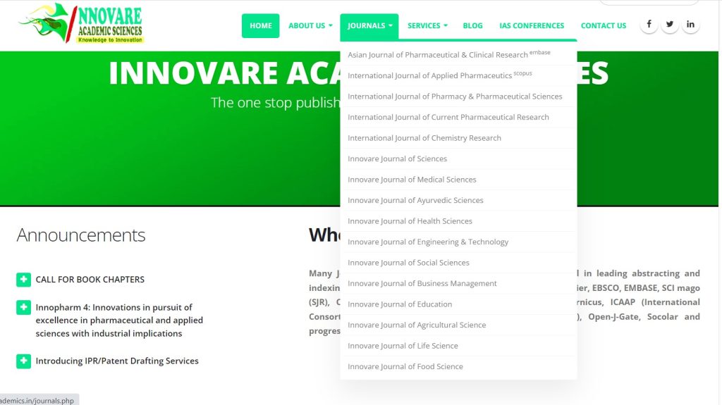 Innovare Academic Sciences Journals: List of Pharmaceutical Journals