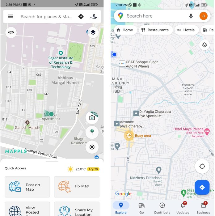 Interface of MapMyIndia and Google Map